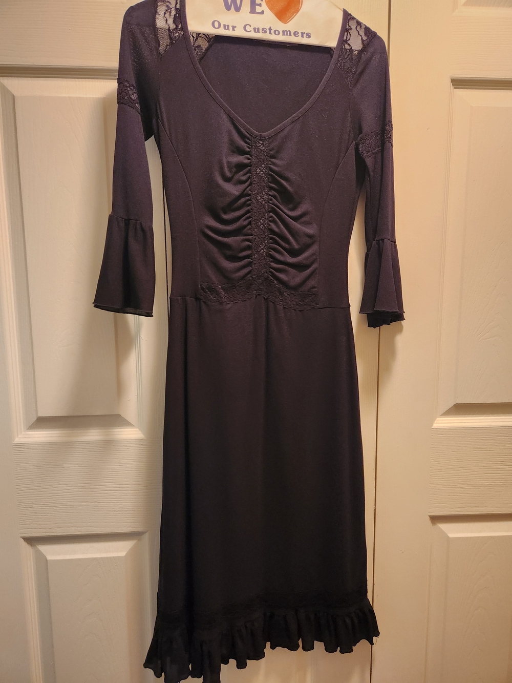 Bisou Bisou Black Ruched Lace-Trim Midi Dress
